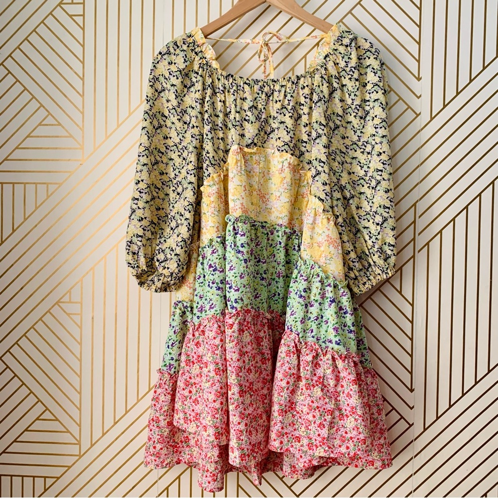 Umgee Floral puff sleeve tiered Layered Ruffle Hem scoop neck multicolor Dress S - Picture 6 of 8